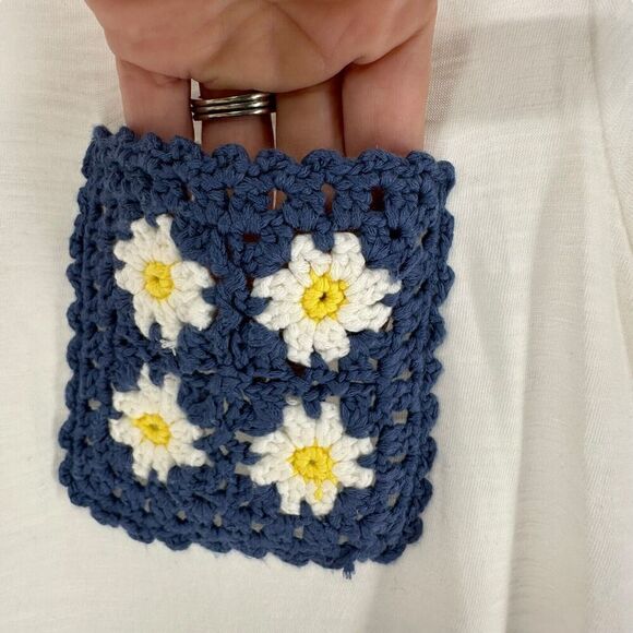 Crochet Pocket Tee White Size L Cupio Round Neck Short Sleeve Preppy Bohemian - Picture 3 of 7